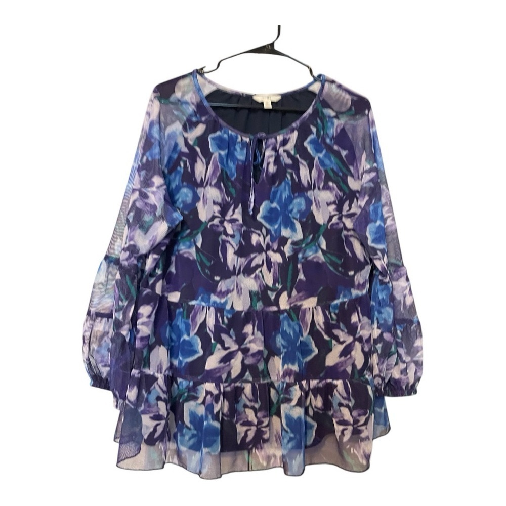 Terra & Sky Purple Floral Peasant Blouse Long Sleeve
